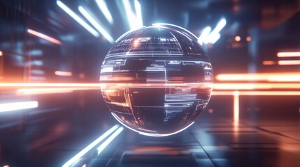 Spinning globe with glowing contour lines illuminated in a futuristic setting showcasing global connectivity. Generative AI
