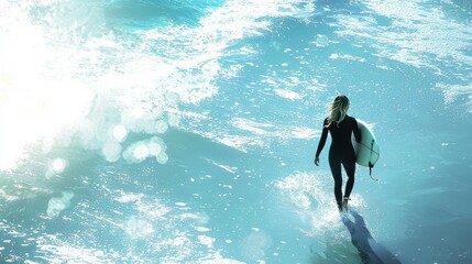 Fototapeta premium Surfer walks along shoreline with surfboard at sunset creating a tranquil seaside atmosphere