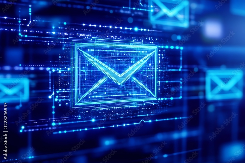 Aufkleber futuristic digital email icon over high-tech background with blue light : generative ai