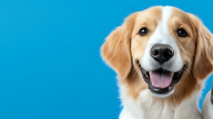 Happy golden retriever dog with friendly smile and floppy ears against bright blue background, looking at camera. Pet portrait showcasing joyful expression.