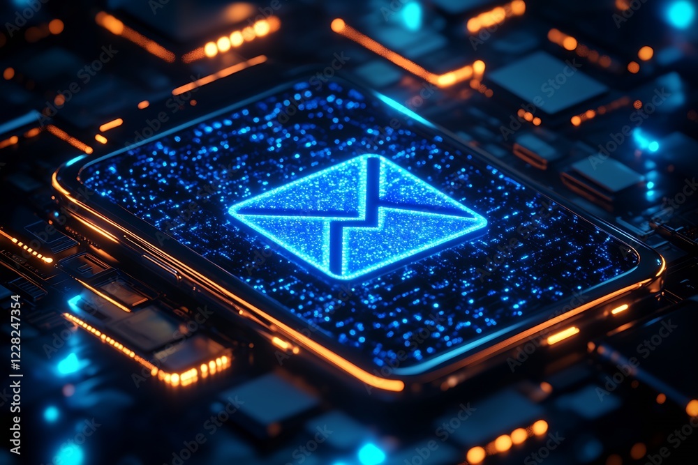 Leinwandbilder Futuristic Interface with Illuminated Email Icon on Circuitry : Generative AI