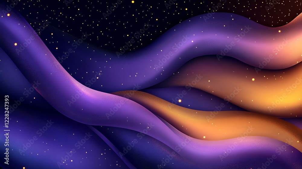 Aufkleber Complementary Purple and Orange Cosmic Waves with Glittering Stars in Abstract Celestial Composition : Generative AI