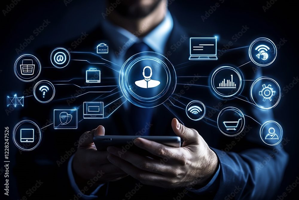Poster Businessman Interacting with Multimedia Network Display and Digital Applications : Generative AI