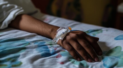 Obraz premium A patients hand rests on a hospital bed with an IV line