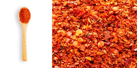 A spoonful of merken on white background and a close up of merken texture on a rectangular format.