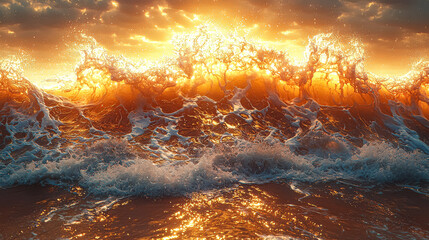 Naklejka premium The ocean is rough and the sun is setting. The waves are crashing against the rocks. The sky is a mix of blue and orange