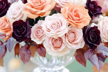 Obraz premium Moody floral arrangement features roses in terracotta and lilac hues with dark plum foliage in a vintage glass vase for an elegant romantic setting