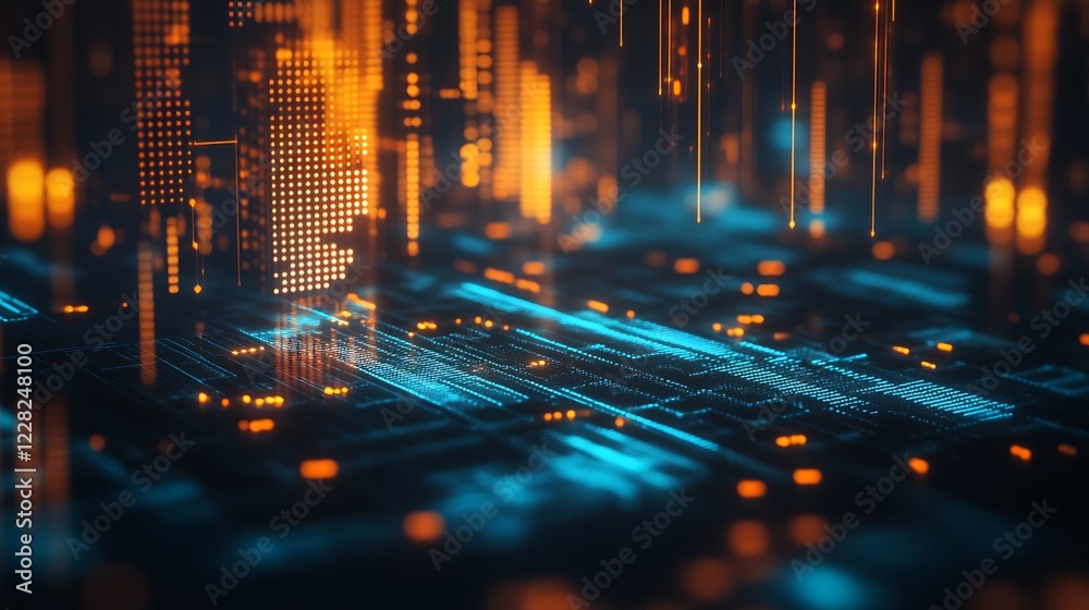 Poster advanced digital cityscape with blue and orange lights highlighting the theme of technology and inno