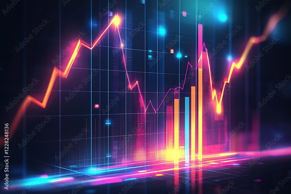 Poster vibrant financial market data analysis with neon graph trends : generative ai