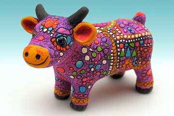 Vibrant purple cow figurine, intricately painted with colorful dots and patterns.