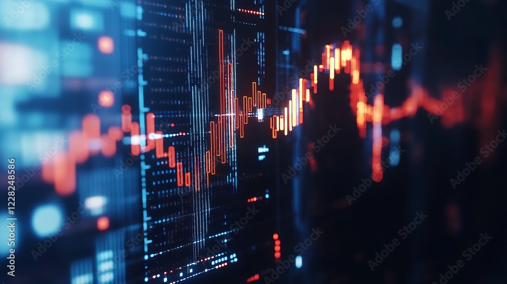 Poster futuristic stock market graph with red and blue trend lines for financial analysis : generative ai