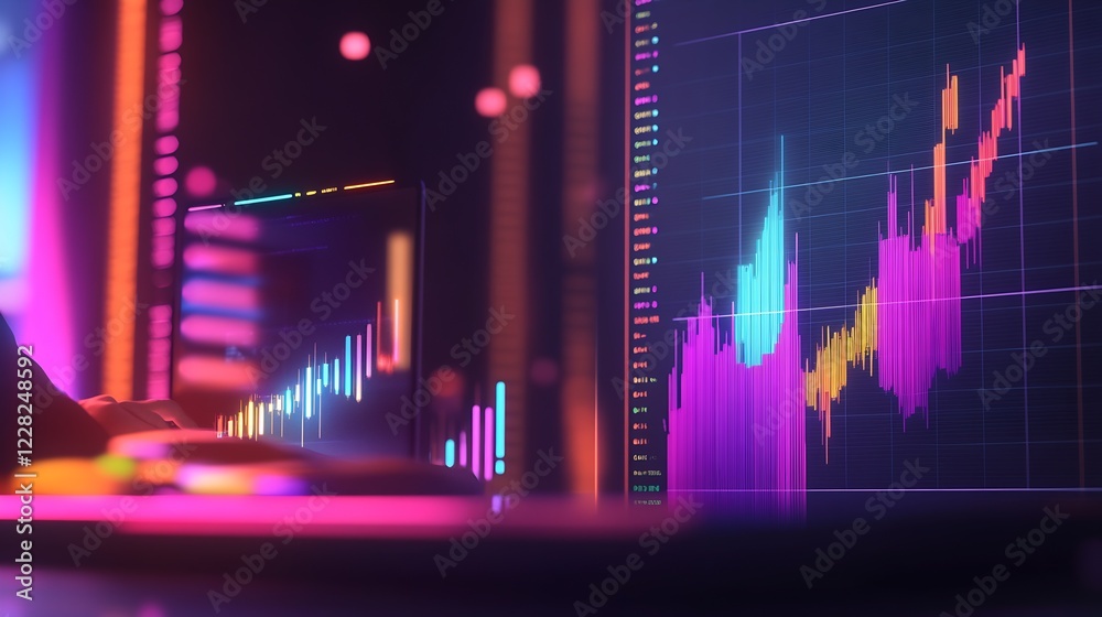 Poster stock market analysis on neon graphs and screens in a modern environment : generative ai