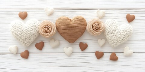 A charming scene unfolds with three vibrant hearts and two delicate flowers resting gracefully on a pristine white table, radiating love and beauty.