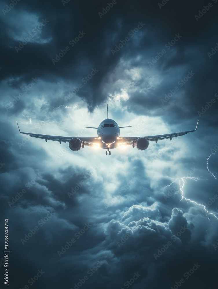 Poster aircraft flying through a stormy sky with dark clouds and lightning illuminating the scene above a l