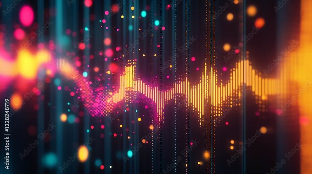Poster vibrant neon digital soundwave with dynamic glowing particles : generative ai