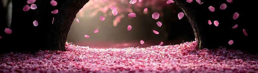 Fototapeta premium Dreamy Cherry Blossom Orchard in Full Spring Bloom with Falling Petals and Soft Pink Serenity