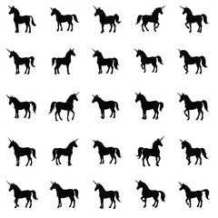 Black flat standing unicorn vector silhouette.Vector set of different black flat silhouettes of unicorn isolated on white background.