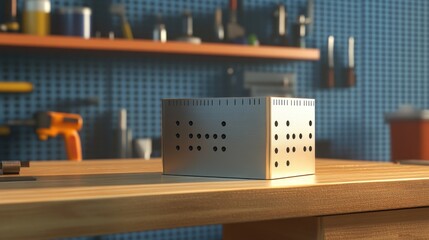 Metal Box With Holes Sits On Wooden Workshop Table