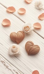 Two delicate hearts and two vibrant roses rest atop a pristine white table, embodying love's essence on Valentine's Day.