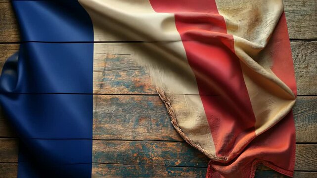 Flowing french flag on rustic wooden background in time sequence