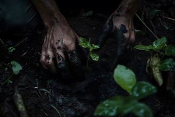 A close up of a hands planting small trees into the earth with green leaves growing around with copy space 