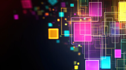 Fototapeta premium Bright Neon Square Frames In A Variety Of Vibrant Colors, Arranged In An Overlapping Grid Pattern With Subtle Light Flares, Set Against A Dark Abstract Background.