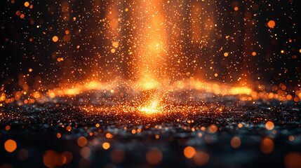 The image is a close up of a dark background with a bright orange flame in the center. The flame is surrounded by a lot of sparks, creating a sense of movement and energy