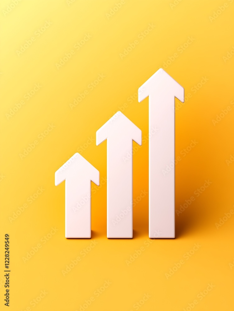Poster upward pointing white arrows on vibrant yellow background symbolizing growth : generative ai