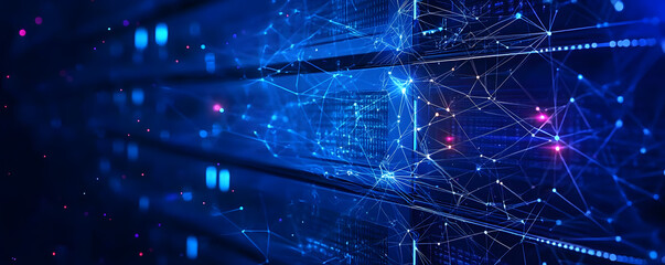Blue technology background with network connections and digital data connection, web banner design for tech online site or social media promotion of product service on the dark blue background. . glow