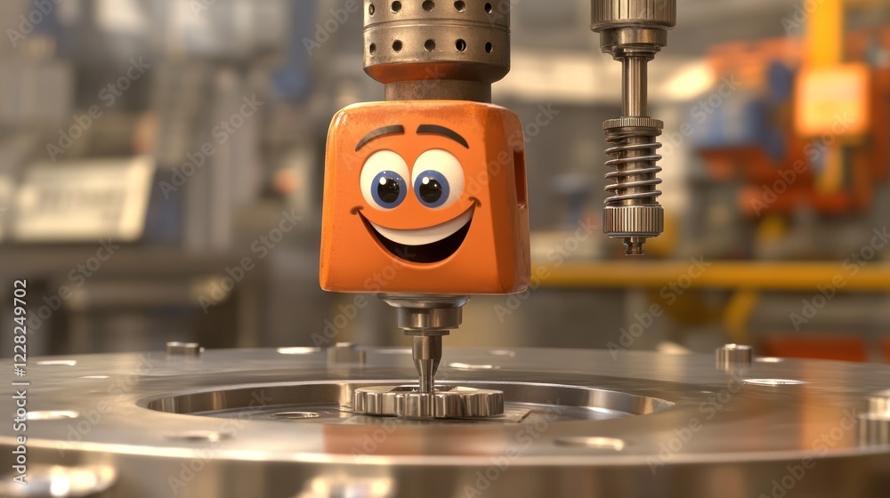 Poster happy robot works on metal part in factory