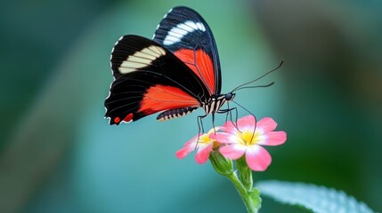 Naklejka premium Red and Black Butterfly on Pink Flower