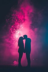 A couple holds hands and kisses under dazzling fireworks on Valentine's night, evoking romance and warmth. Ideal for greeting cards, ads, or campaigns celebrating love and relationships.