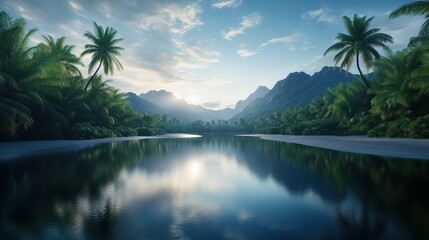 Obraz premium Scenic tropical landscape with palm trees and mountains reflecting on a tranquil lake under a bright blue sky. Concept of travel and relaxation.