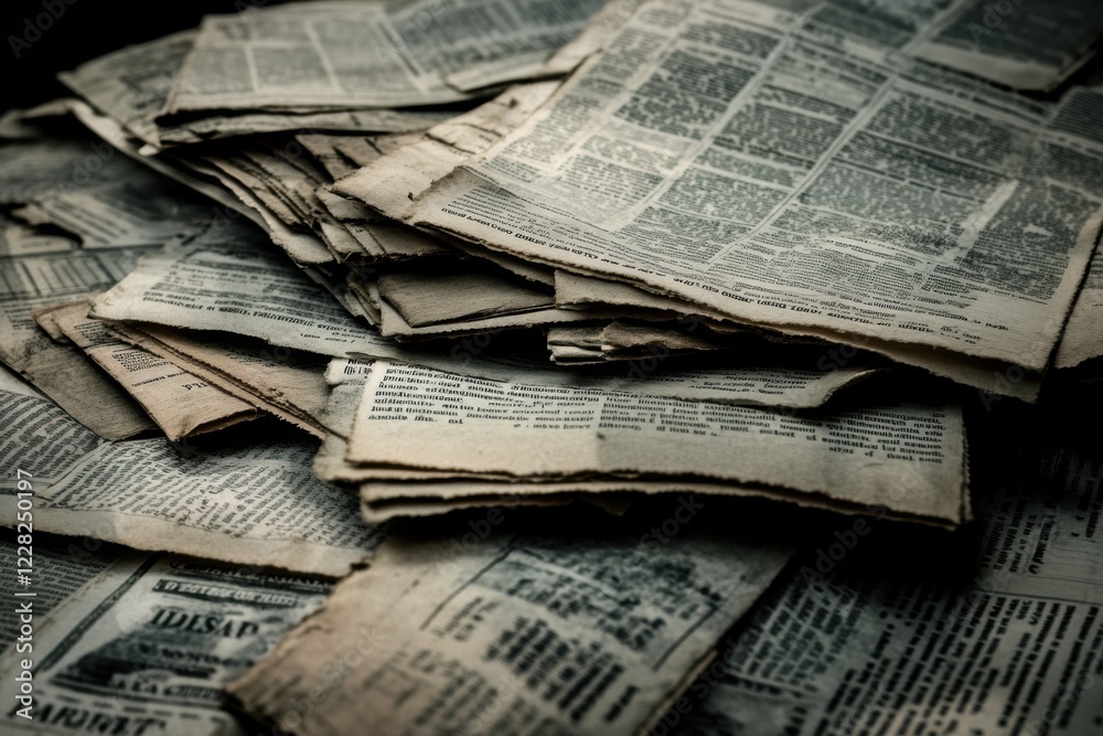 Aufkleber vintage newspaper clippings stacked overlapping on a table showcasing historical articles and faded 