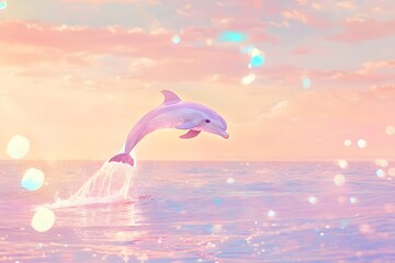 A baby dolphin leaping out of the water droplets sparkling mid air with a pastel hued horizon in the background 