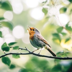European robin singing on a branch in parkland during evening, profile view of turdidae family bird