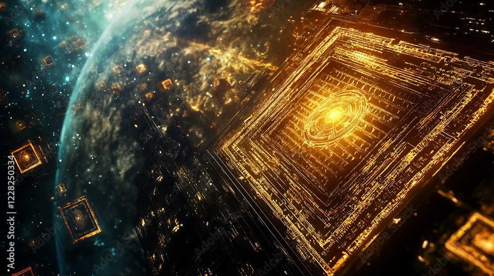 Poster Expansive Cosmic Structures Orbiting Earth with a Brilliant Galactic Aura : Generative AI