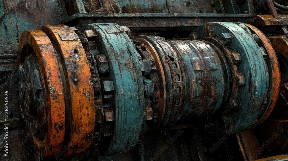 Poster rusty industrial machine gears and components