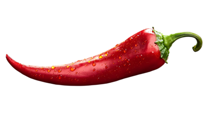 Ripe red chili pepper with water drops isolated on transparent background, ideal for food and cooking projects