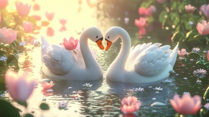 Romantic Swan Couple in a Dreamy Floral Pond