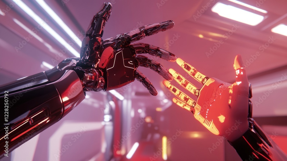Poster Robotic Hands Reaching Towards Each Other in a Futuristic Setting