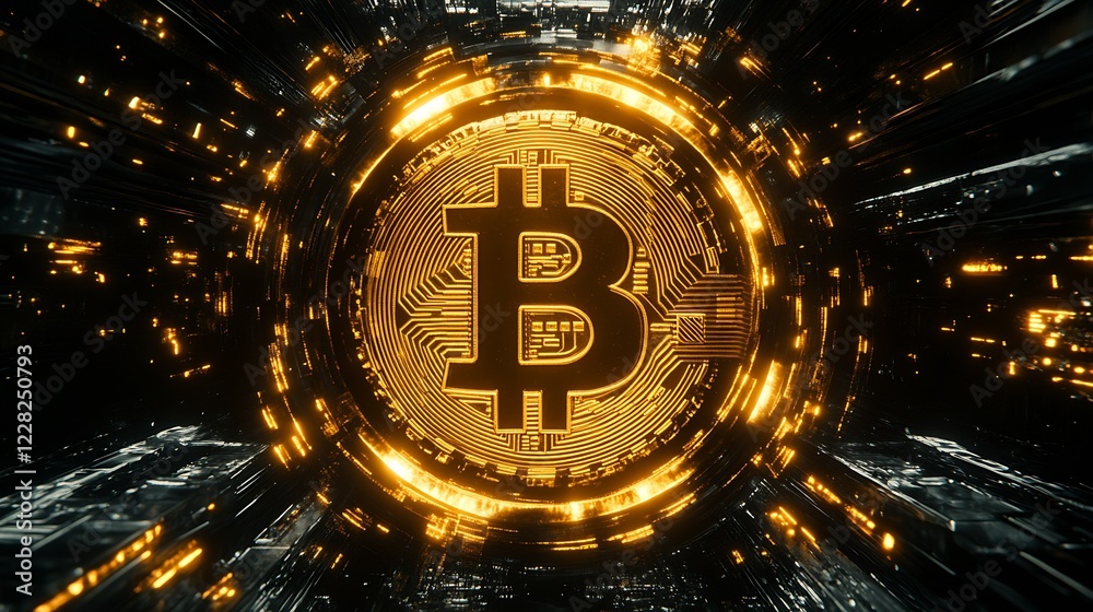 Poster Detailed Golden Bitcoin on High-Tech Digital Circuit with Futuristic Design : Generative AI