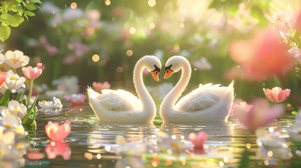 Romantic Swan Couple in a Dreamy Floral Pond