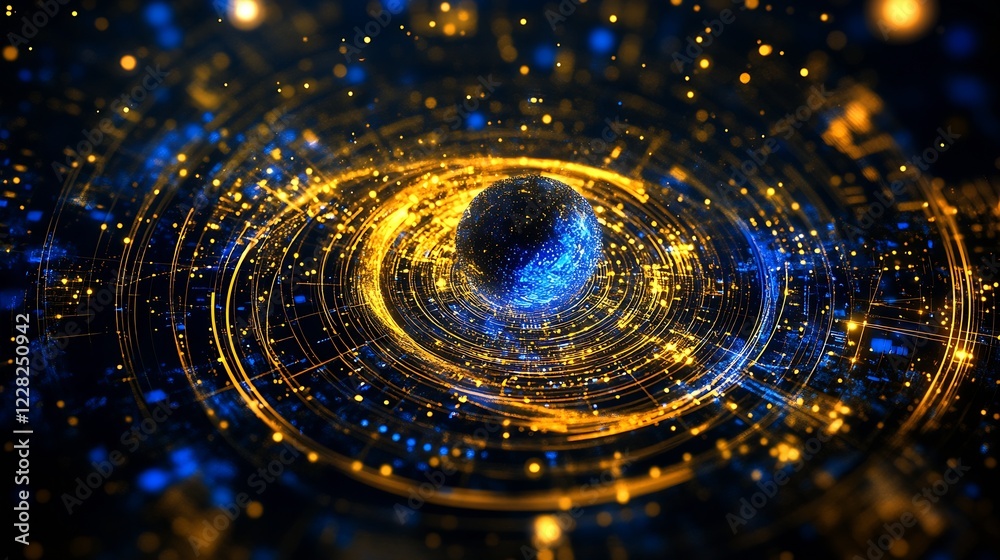 Aufkleber cosmic digital spiral in blue and gold with glowing particles and spherical core : generative ai