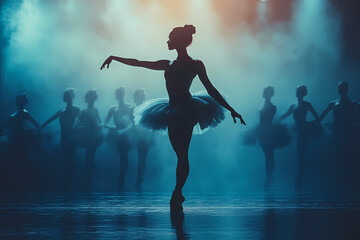 A graceful ballet dancer performing on a dimly lit stage
