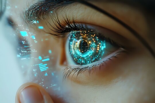 Close up of eye with futuristic digital holographic interface overlay in glowing cyan and gold colors showing technological advancement and innovation.