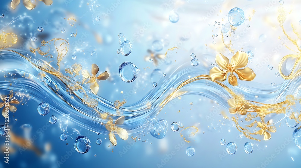 Poster delicate gold elements and bouncing bubbles on a tranquil blue scene : generative ai