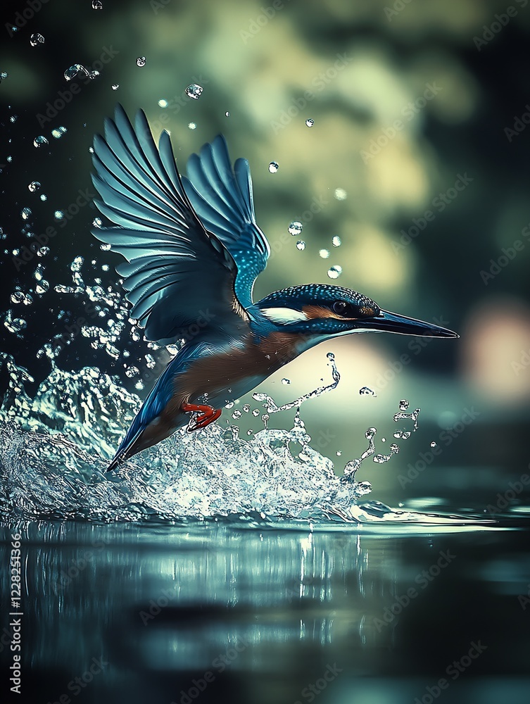 Poster stunning kingfisher bird diving into water splash captured in motion : generative ai