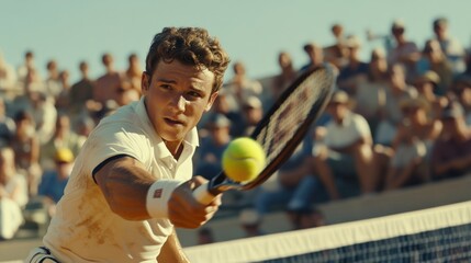 Naklejka premium Tennis Player Strikes Ball During Intense Match