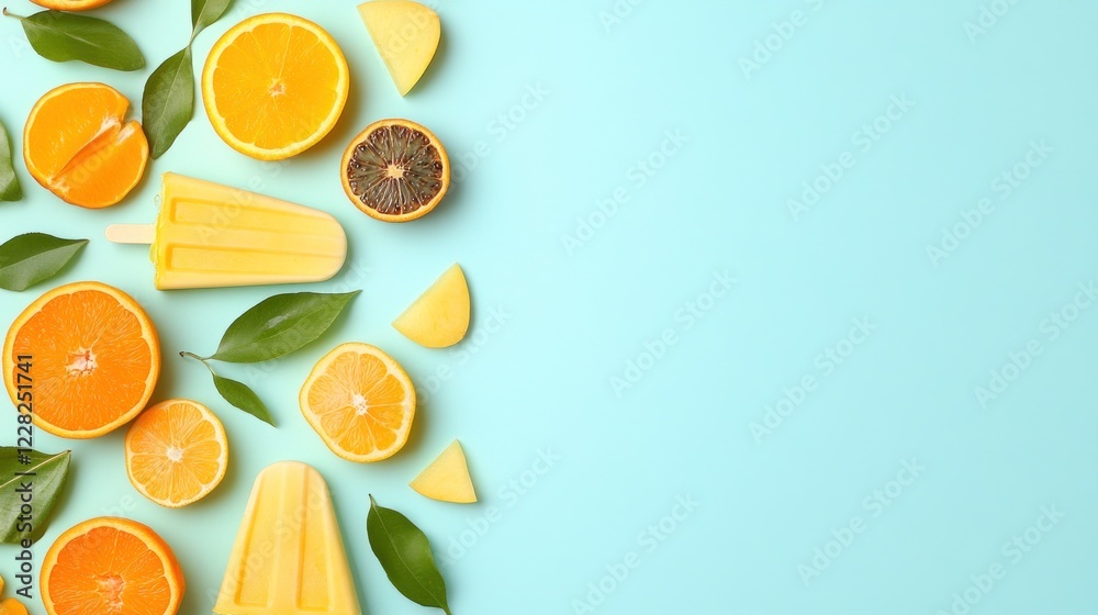 Poster refreshing citrus popsicles and slices on blue background